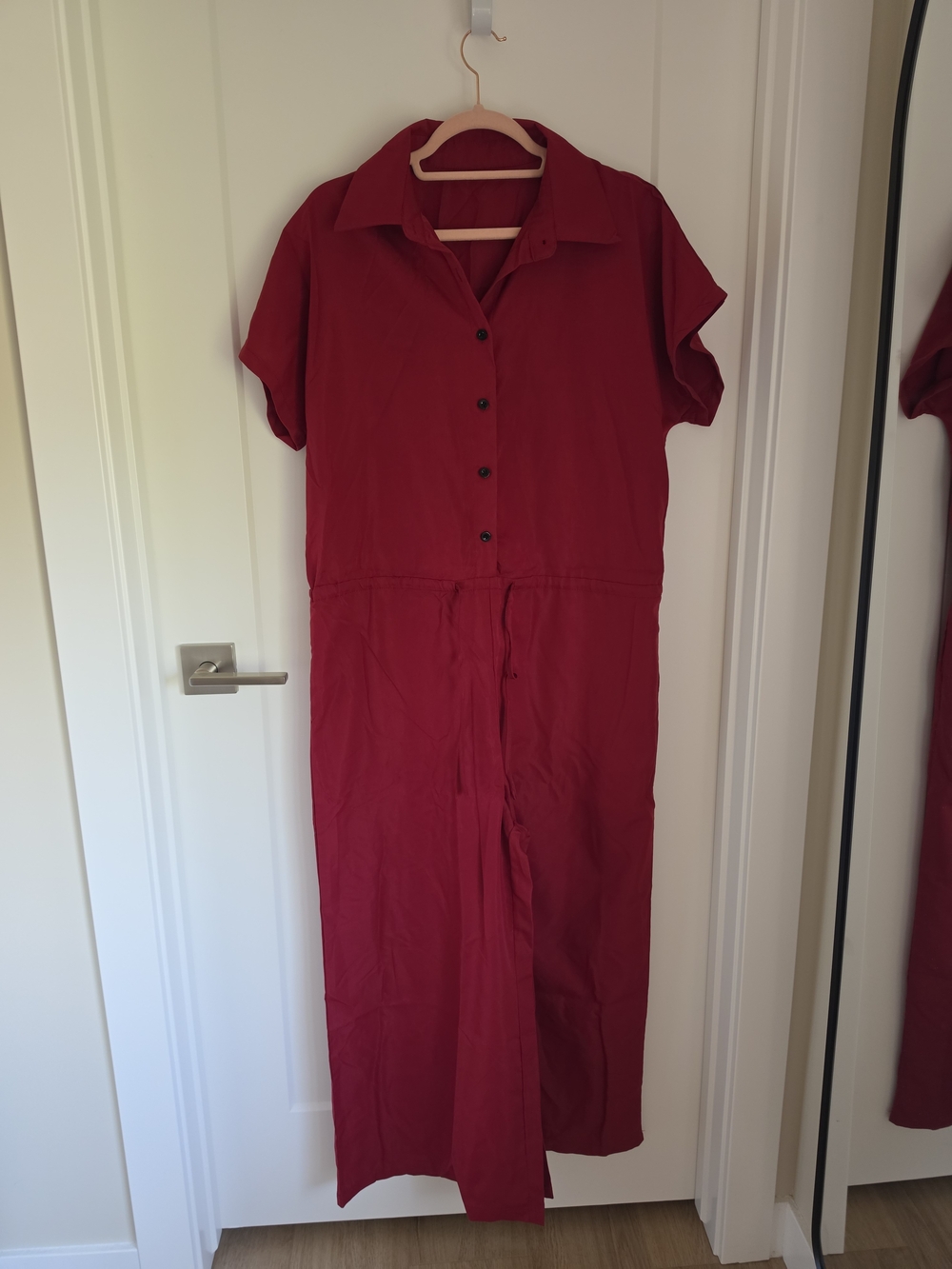 Ankle-Length Red Button-Front Jumpsuit